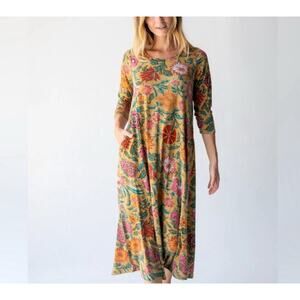 Natural Life Lottie Knit Midi Dress Women M Floral Tan Pink Boho Cottage Core
